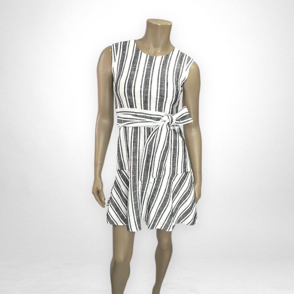 J. CREW 4 Petite Belted Flounce Linen Striped Sleeveless Dress Summer Casual‎